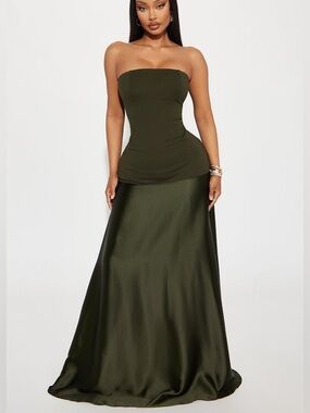 Fashion Nova Strapless Olive Satin Evening Dress